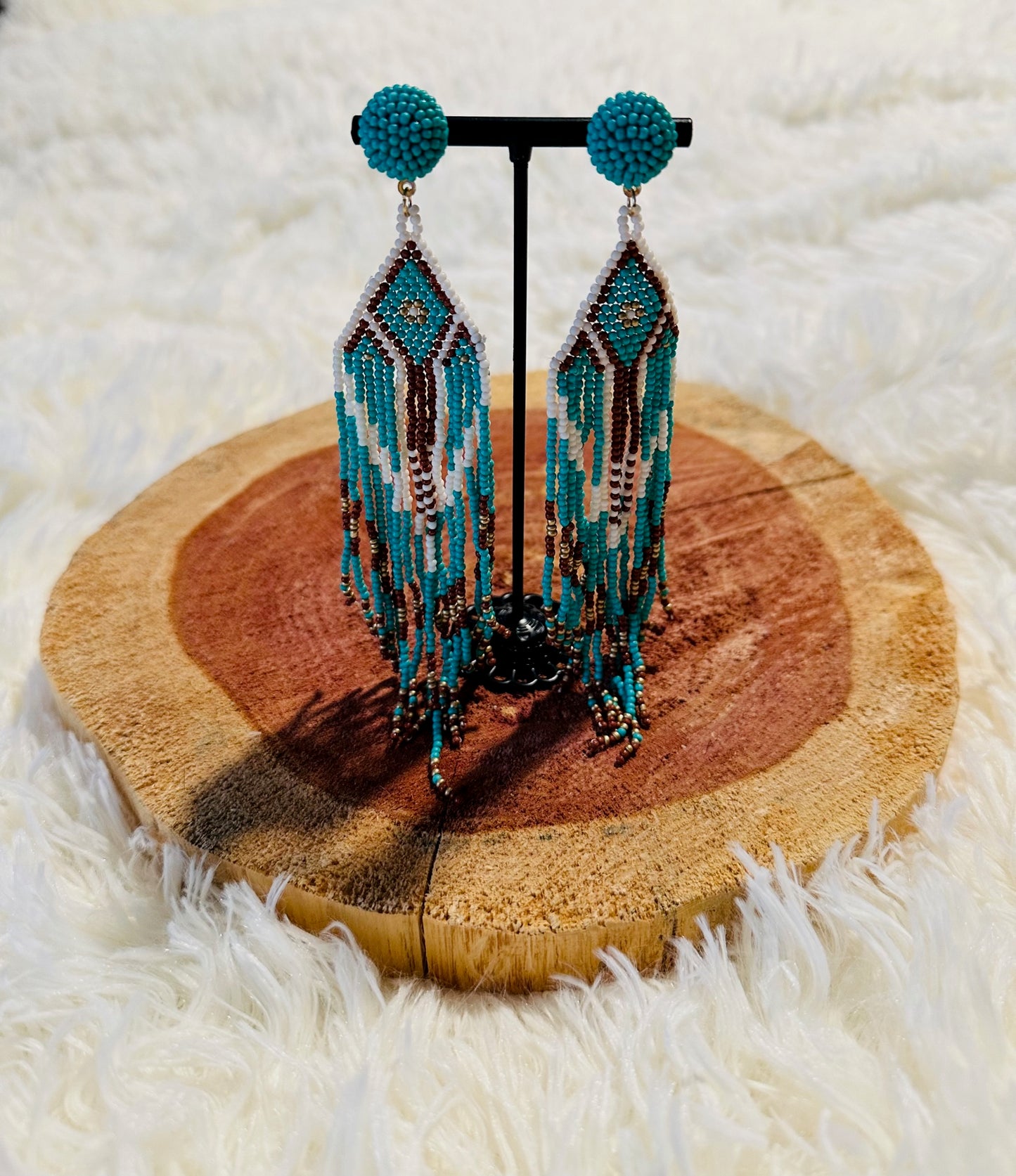 Teal & Brown Beaded Aztec Earrings