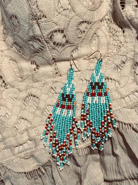 Teal Beaded Aztec Earrings