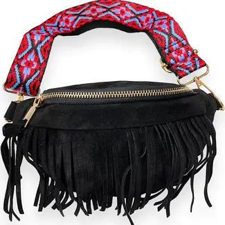 FAUX SUEDE SLING BAG WITH FRINGE