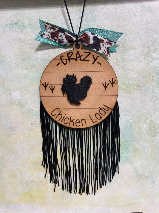 Wooden Crazy Chicken Lady Car Charm