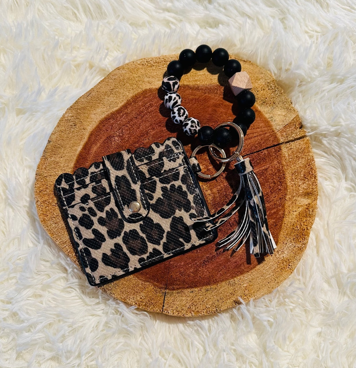 Black Leopard Beaded Keychain With Wallet
