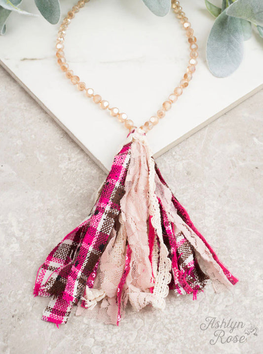Pink Plaid Tassel Necklace