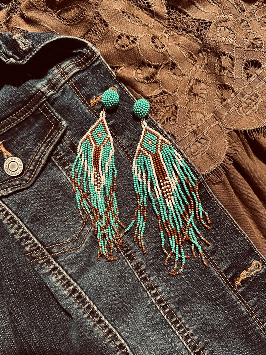 Teal & Brown Beaded Aztec Earrings